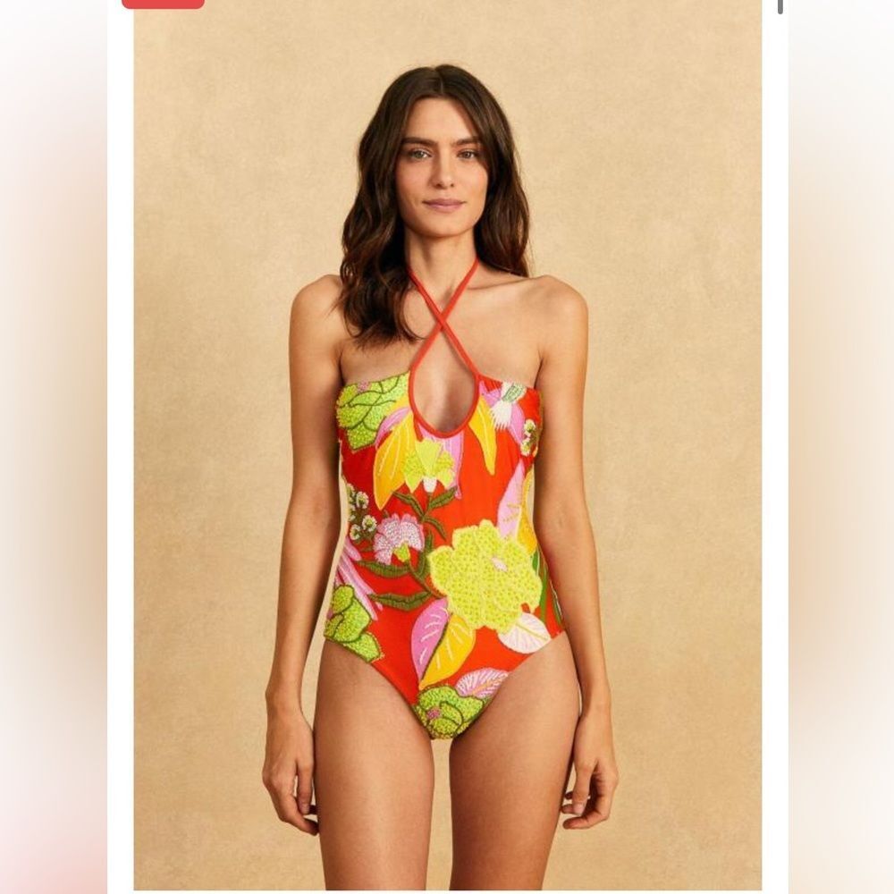 Farm Rio neon floral beaded one piece swimsuit, NWT